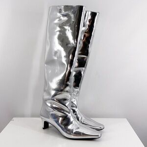 Staud Chrome Silver Leather Cami Tall Knee High Heeled Boots Size 7